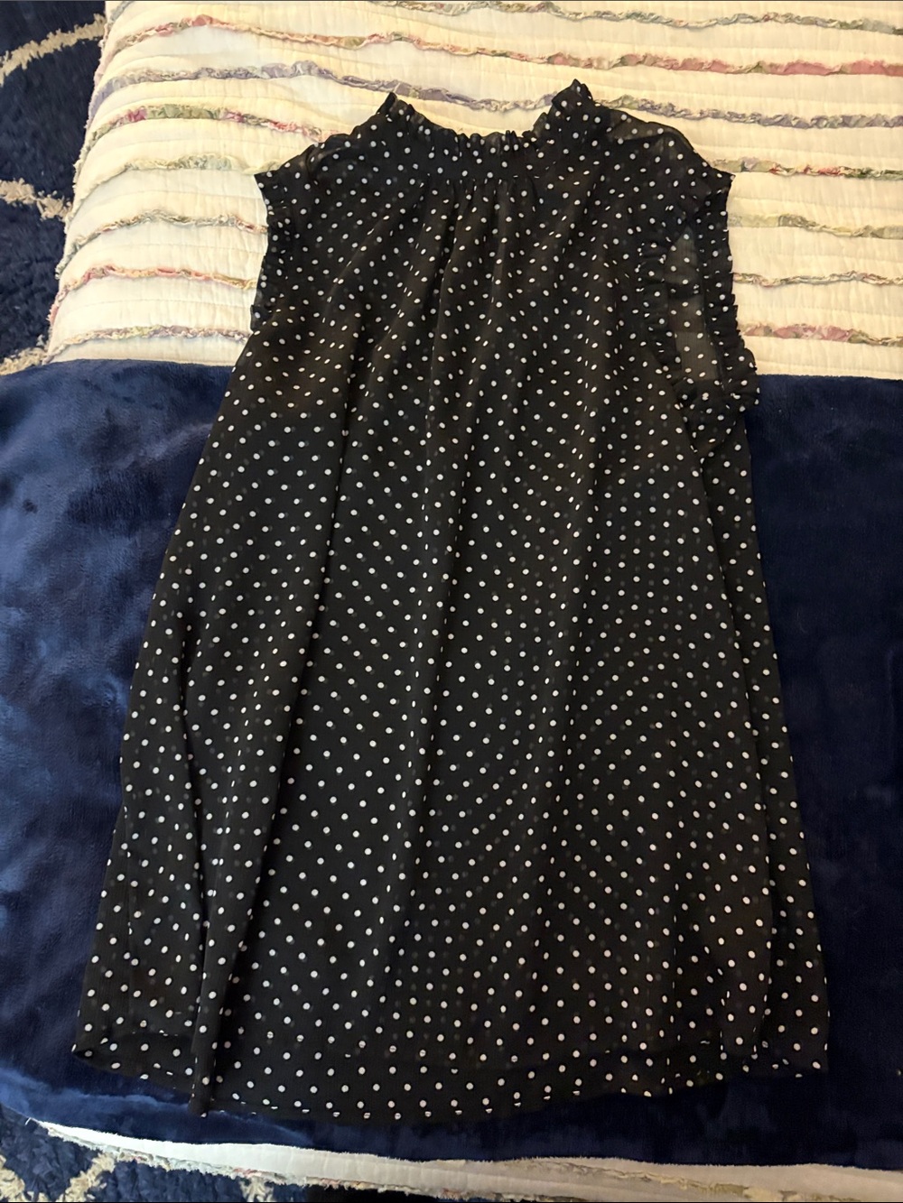 Sleeveless Black sheer blouse with White Polka Dots